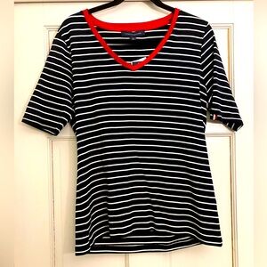Tommy Hilfiger navy/white stripe v-neck top, red trim on v-neck